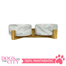 Load image into Gallery viewer, Dgz Nordic Double Ceramic Pet Bowl With Wood Stand MARBLE Design 31cmx17cmx9cm for Dog and Cat