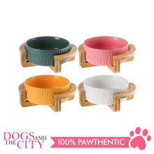 Load image into Gallery viewer, Dgz Nordic Ceramic Textured Pet Bowl With Wood Stand Small 400ml 16cmx6.5cm